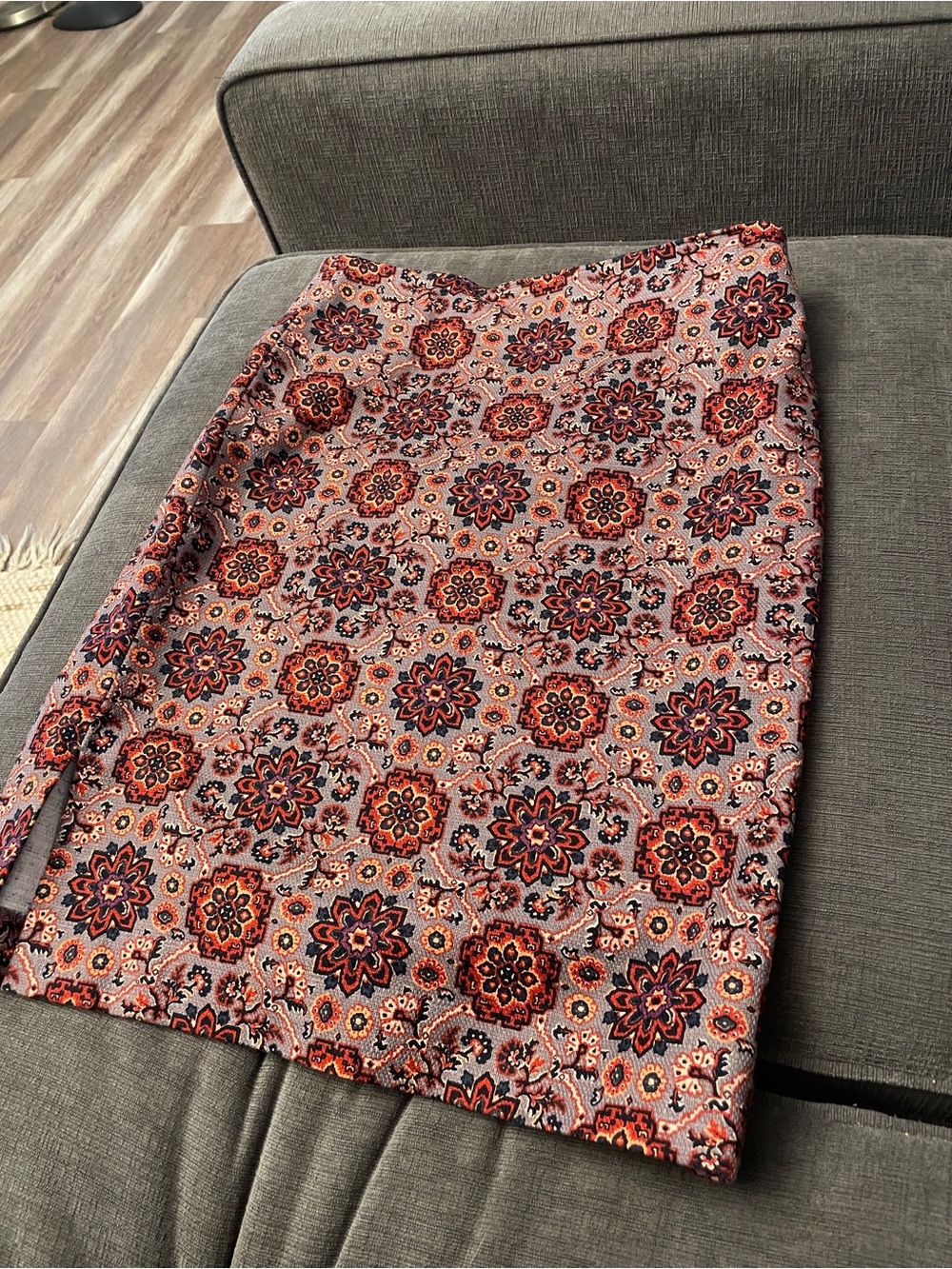 LOFT Paisley Print Midi Skirt in Gray with Red and Orange Accents